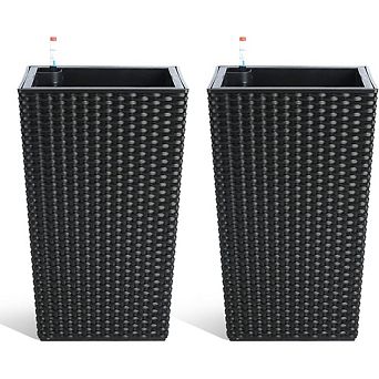 16" Tall Rattan Planter Set of 2 with Trays, Water Monitor & Wheels, Black for Patio/Indoor