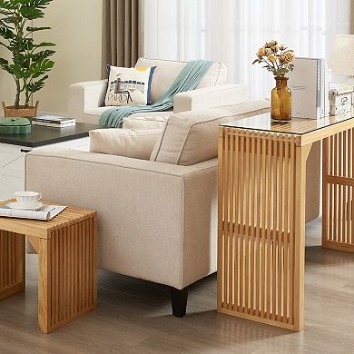 WOW PIONEER Contemporary Solid Wood Dining Bench and Table Set with Glass Top