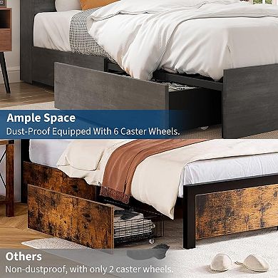 Storage Bed Frame with High Bookcase Headboard, 4 Drawers, Noise-Free, No Box Spring Needed