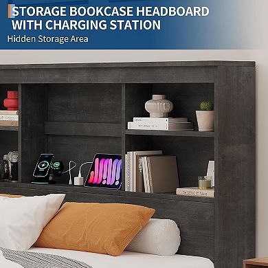Storage Bed Frame with High Bookcase Headboard, 4 Drawers, Noise-Free, No Box Spring Needed