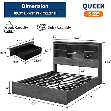 Storage Bed Frame with High Bookcase Headboard, 4 Drawers, Noise-Free, No Box Spring Needed