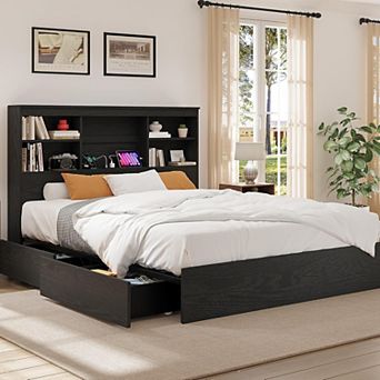 Storage Bed Frame with High Bookcase Headboard, 4 Drawers, Noise-Free, No Box Spring Needed