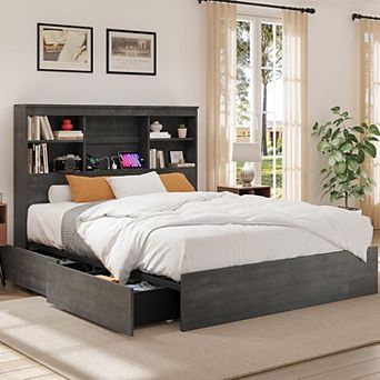 Storage Bed Frame with High Bookcase Headboard, 4 Drawers, Noise-Free, No Box Spring Needed