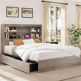Storage Bed Frame with High Bookcase Headboard, 4 Drawers, Noise-Free, No Box Spring Needed