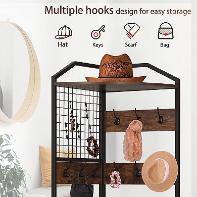 Corner Coat Rack, Hall Tree with Bench and Shoe Storage for Entryway, Hallway