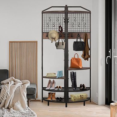 Corner Coat Rack, Hall Tree with Bench and Shoe Storage for Entryway, Hallway