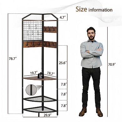 Corner Coat Rack, Hall Tree with Bench and Shoe Storage for Entryway, Hallway