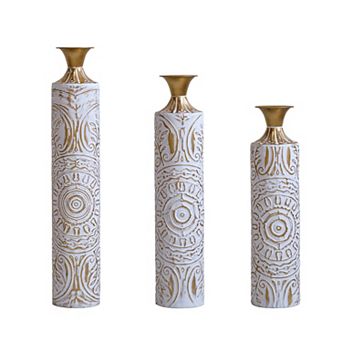 3 pc Handcrafted Metal Floor Vase Set, 24.61/28.54/32.48" Gold & White Embossed Tall Vases