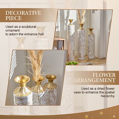 3-Piece Handcrafted Metal Floor Vase Set, 24.61/28.54/32.48" Gold & White Embossed Tall Vases
