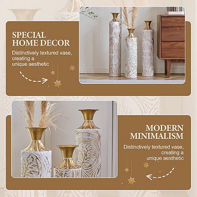 3-Piece Handcrafted Metal Floor Vase Set, 24.61/28.54/32.48" Gold & White Embossed Tall Vases