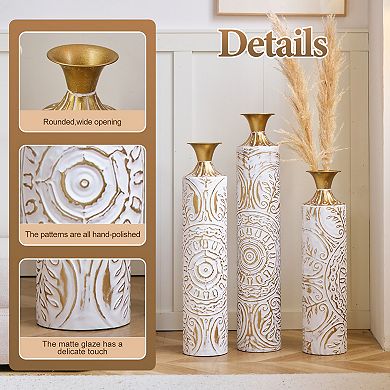 3-Piece Handcrafted Metal Floor Vase Set, 24.61/28.54/32.48" Gold & White Embossed Tall Vases