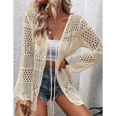 Women's Crochet Cardigan Long Sleeve Tie Front Hollow Out Thin Cardigan