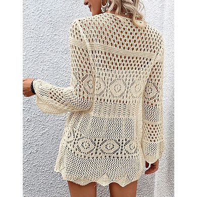 Women's Crochet Cardigan Long Sleeve Tie Front Hollow Out Thin Cardigan