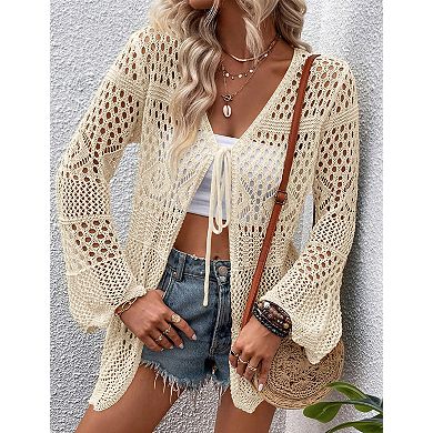 Women's Crochet Cardigan Long Sleeve Tie Front Hollow Out Thin Cardigan