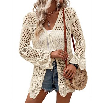 Women's Crochet Cardigan Long Sleeve Tie Front Hollow Out Thin Cardigan