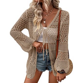 Women's Crochet Cardigan Long Sleeve Tie Front Hollow Out Thin Cardigan