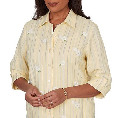 Petite Alfred Dunner Embroidered Daisy Stripes Button Front Top