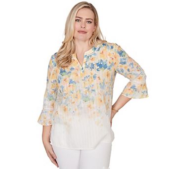 Petite Alfred Dunner Falling Floral Three Quarter Sleeve Top