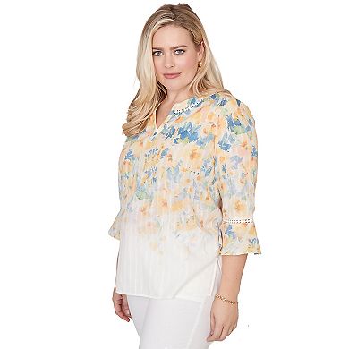 Petite Alfred Dunner Falling Floral Three Quarter Sleeve Top