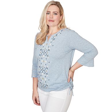 Petite Alfred Dunner Center Scroll Embroidered Side Tie Top