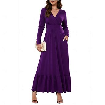 Womens Long Sleeve Deep V Neck Maxi Dress Ruffles Long Casual Dresses for Women with Pockets