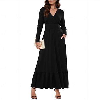 Womens Long Sleeve Deep V Neck Maxi Dress Ruffles Long Casual Dresses for Women with Pockets