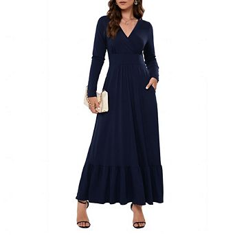 Womens Long Sleeve Deep V Neck Maxi Dress Ruffles Long Casual Dresses for Women with Pockets