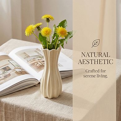 Modern White Ceramic Vase for Flower Arrangements Matte Ribbed Cylinder Vase, Boho Decorative Vases