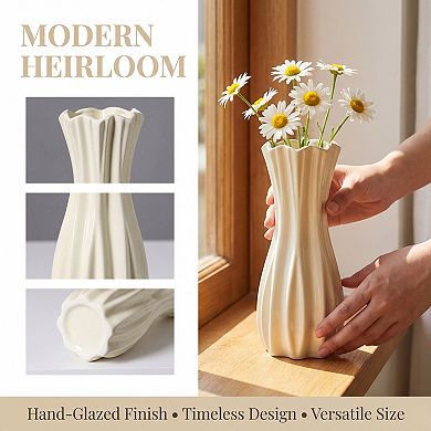Modern White Ceramic Vase for Flower Arrangements Matte Ribbed Cylinder Vase, Boho Decorative Vases