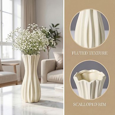 Modern White Ceramic Vase for Flower Arrangements Matte Ribbed Cylinder Vase, Boho Decorative Vases