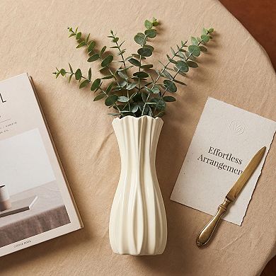 Modern White Ceramic Vase for Flower Arrangements Matte Ribbed Cylinder Vase, Boho Decorative Vases