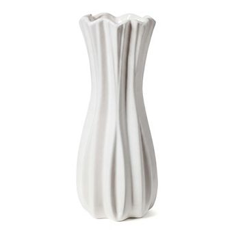 Modern White Ceramic Vase for Flower Arrangements Matte Ribbed Cylinder Vase, Boho Decorative Vases