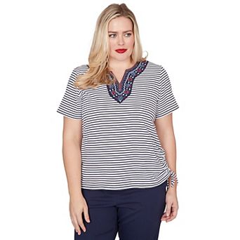 Petite Alfred Dunner Embroidered Neck Striped Side Tie Top