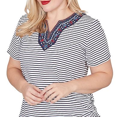 Petite Alfred Dunner Embroidered Neck Striped Side Tie Top