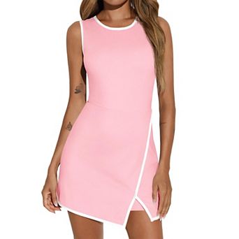 Women's Crewneck Tennis Dress with Built-in Bra Shorts Pockets Sleeveless Golf Workout Dress