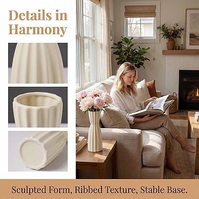 Modern Ceramic Flower Vase Matte Ribbed Cylinder Vase Boho Vases 3.0"L x 3.0"W x 7.9"H