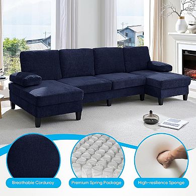 110" U-Shaped Sectional Sofa Couch, 4-Seat Chenille Fabric with Double Chaises & Sleepable Armrests
