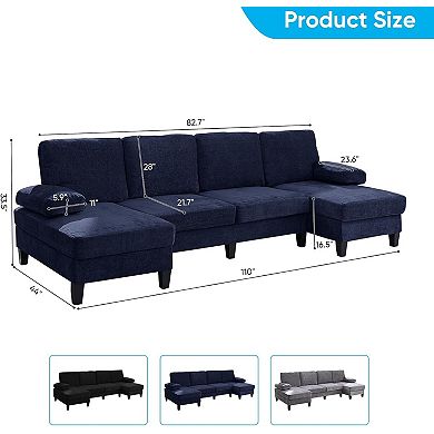 110" U-Shaped Sectional Sofa Couch, 4-Seat Chenille Fabric with Double Chaises & Sleepable Armrests
