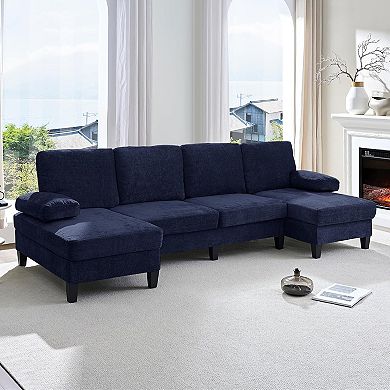 110" U-Shaped Sectional Sofa Couch, 4-Seat Chenille Fabric with Double Chaises & Sleepable Armrests