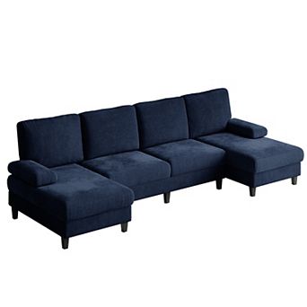 110" U-Shaped Sectional Sofa Couch, 4-Seat Chenille Fabric with Double Chaises & Sleepable Armrests