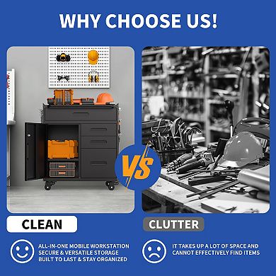 34.3'' Metal Storage Locker Cabinet with Wheels & 4 Drawers, Rolling Organizer for Garage Office