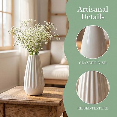 Small Ceramic Bud Vase Cylinder Vase Matte Ribbed Decorative Flower Vase for Desktop Bathroom
