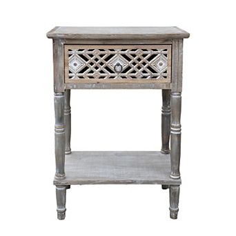 Vintage Wood Side Table with Carved Diamond Drawer, Distressed Gray-Brown Finish