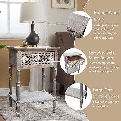 Vintage Wood Side Table with Carved Diamond Drawer, Distressed Gray-Brown Finish