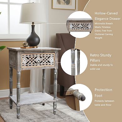 Vintage Wood Side Table with Carved Diamond Drawer, Distressed Gray-Brown Finish