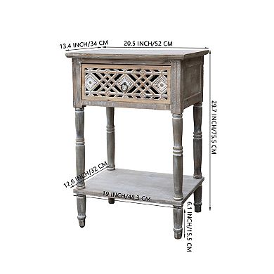 Vintage Wood Side Table with Carved Diamond Drawer, Distressed Gray-Brown Finish