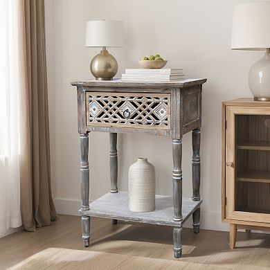 Vintage Wood Side Table with Carved Diamond Drawer, Distressed Gray-Brown Finish
