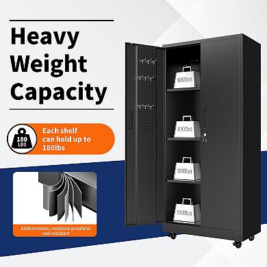 71'' Metal Storage Locker Cabinet with Lockable Doors, Rolling Steel Wardrobe for Home Office Gym