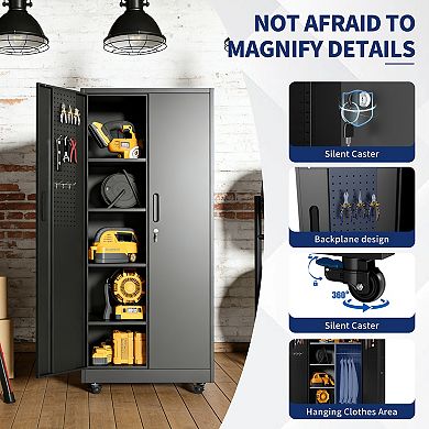 71'' Metal Storage Locker Cabinet with Lockable Doors, Rolling Steel Wardrobe for Home Office Gym