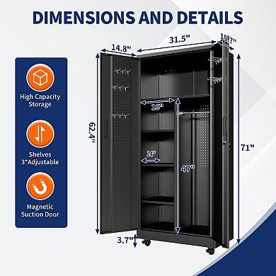 71'' Metal Storage Locker Cabinet with Lockable Doors, Rolling Steel Wardrobe for Home Office Gym